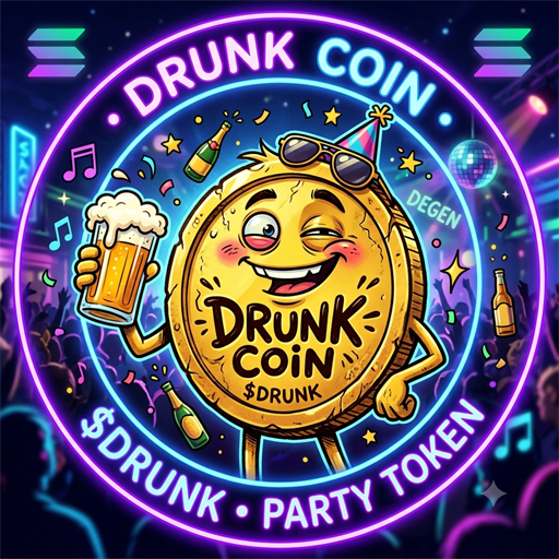 The Drunk Coin mascot: a winking gold coin in a party hat, raising a beer.